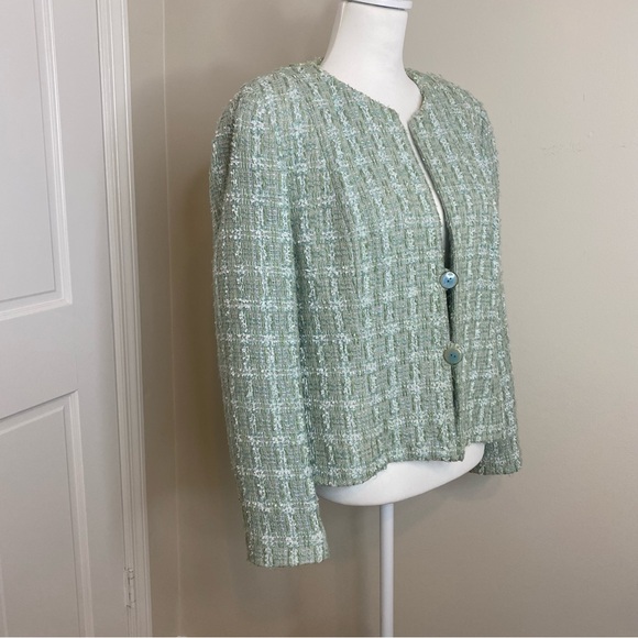 Vintage Carlisle Tweed Aqua Seafoam Long Sleeve Wool Blend Button Blazer Size 14 - Picture 2 of 9